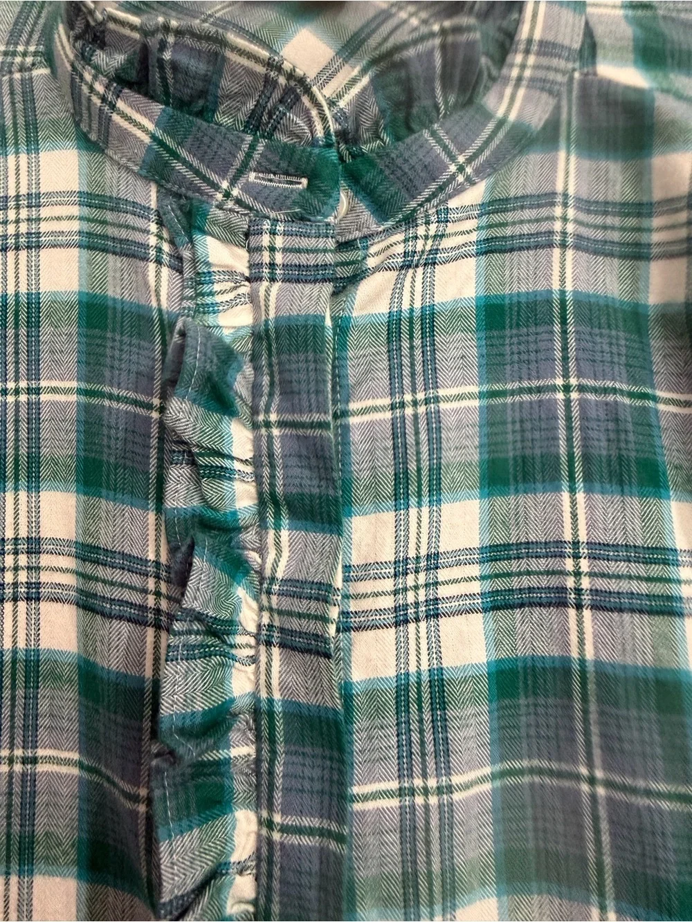 LOFT Ruffled Flannel  Blouse Teal/Blue/Cream